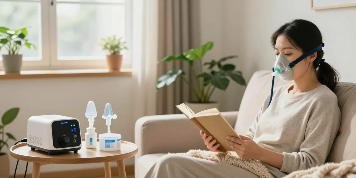 Relaxed patient using CPAP supply in cozy living room with warm sunlight.