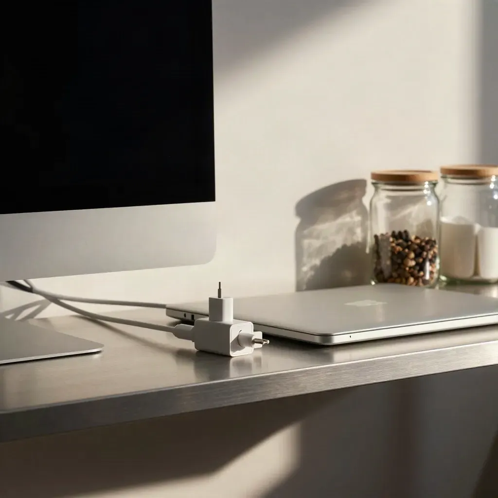 Quiet office shelf with energy monitor, closed laptop, chargers, and glass supply jars