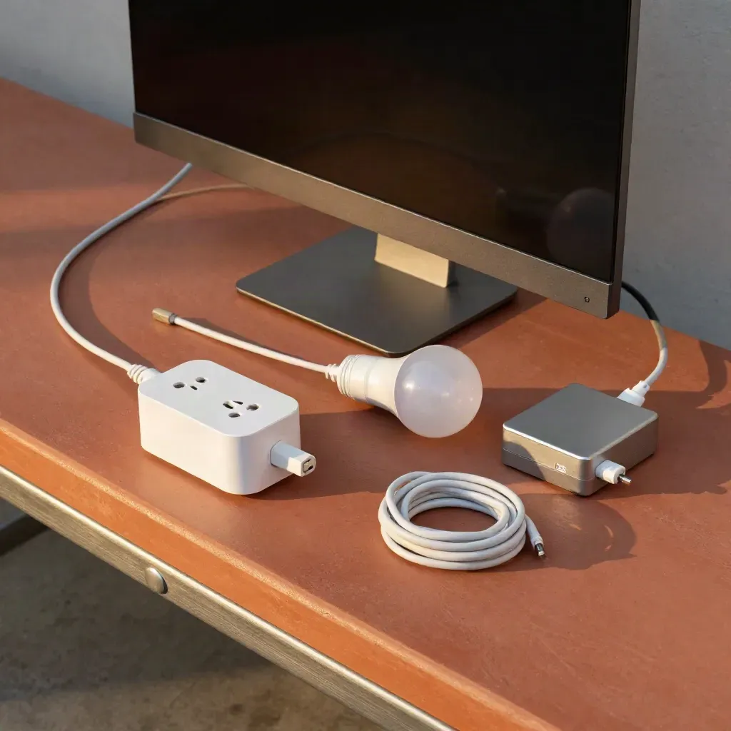 Overhead still life of a plug-load monitor, smart plug, bulb, coil and battery pack on terracotta tile.